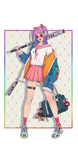 [2436x1125]少女 插图 潮流 色彩 苹果手机动漫壁纸图片