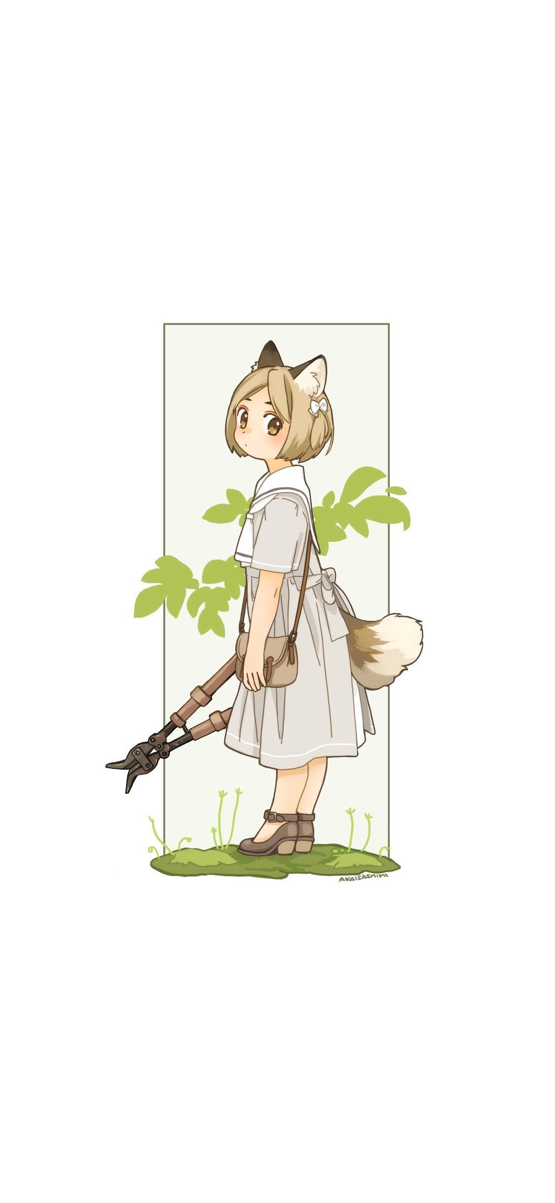 [2436×1125]少女 漫画 女孩 叶子 苹果手机动漫壁纸图片