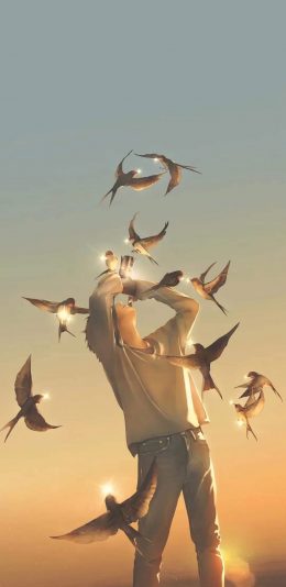 [2436x1125]少年 插图 飞鸟 梦幻 P站画师Re° 苹果手机动漫壁纸图片