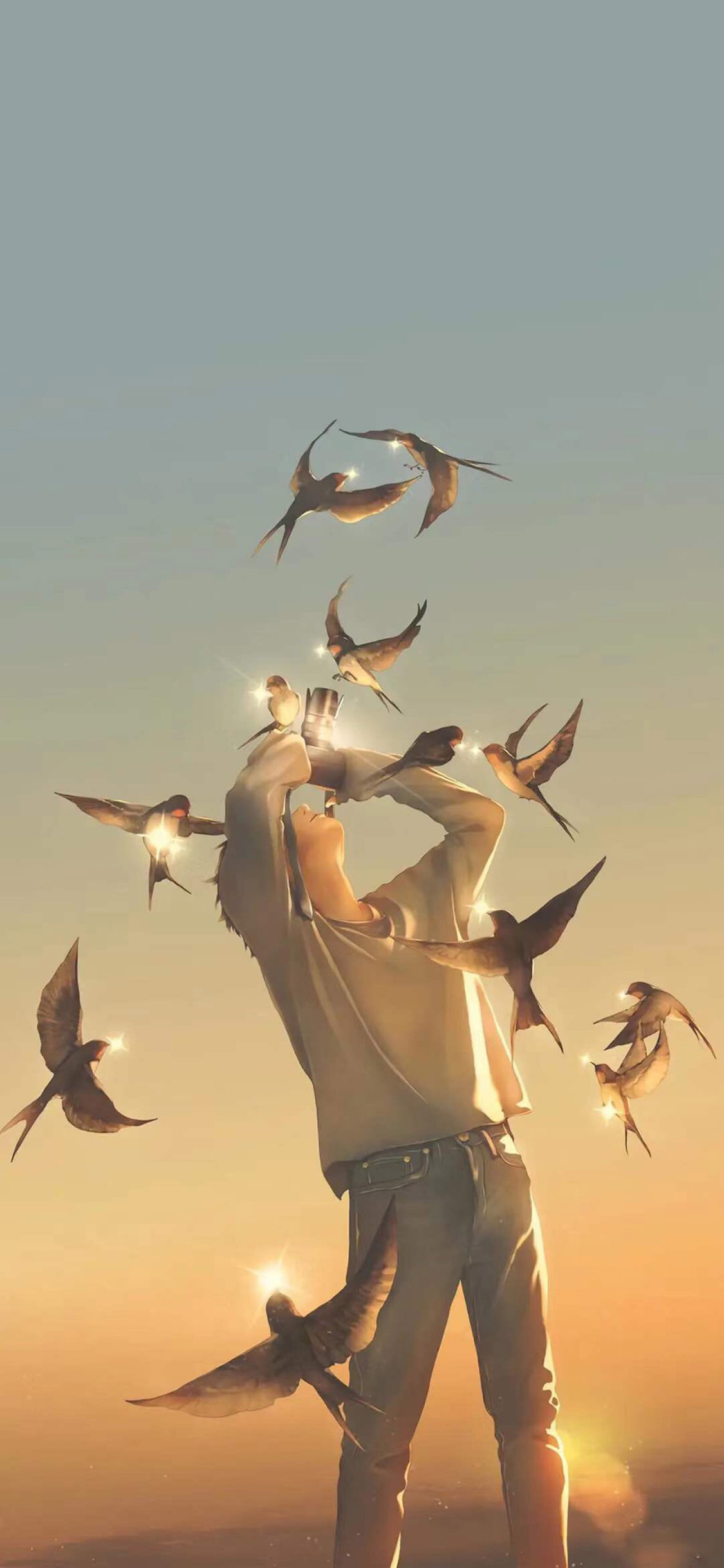 [2436×1125]少年 插图 飞鸟 梦幻 P站画师Re° 苹果手机动漫壁纸图片