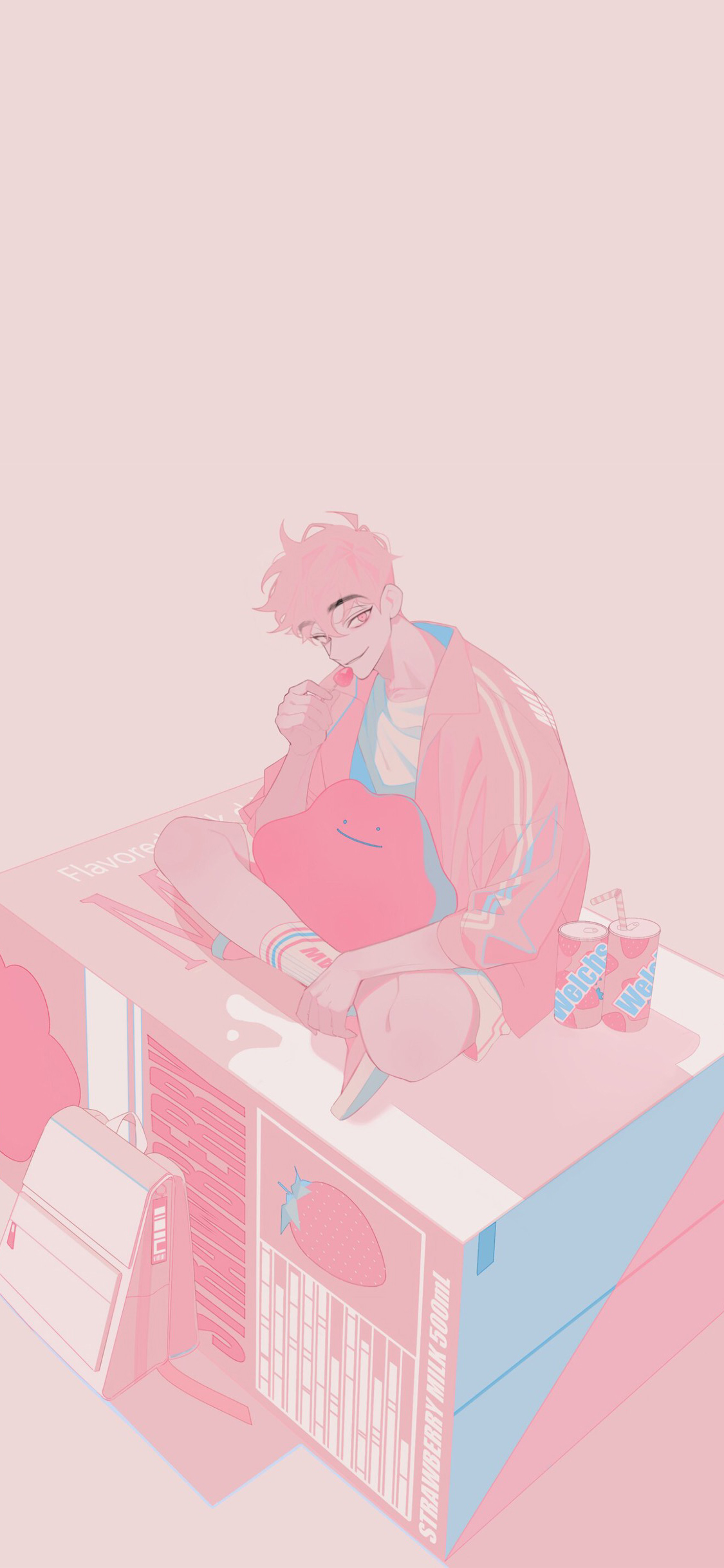 [2436×1125]少年 粉色 牛奶盒 背包 二次元 苹果手机动漫壁纸图片