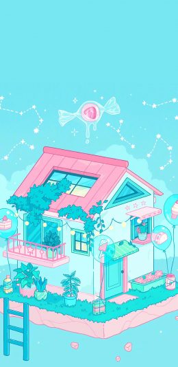 [2436x1125]屋子 糖果 蓝色 盆栽 蛋糕 苹果手机动漫壁纸图片