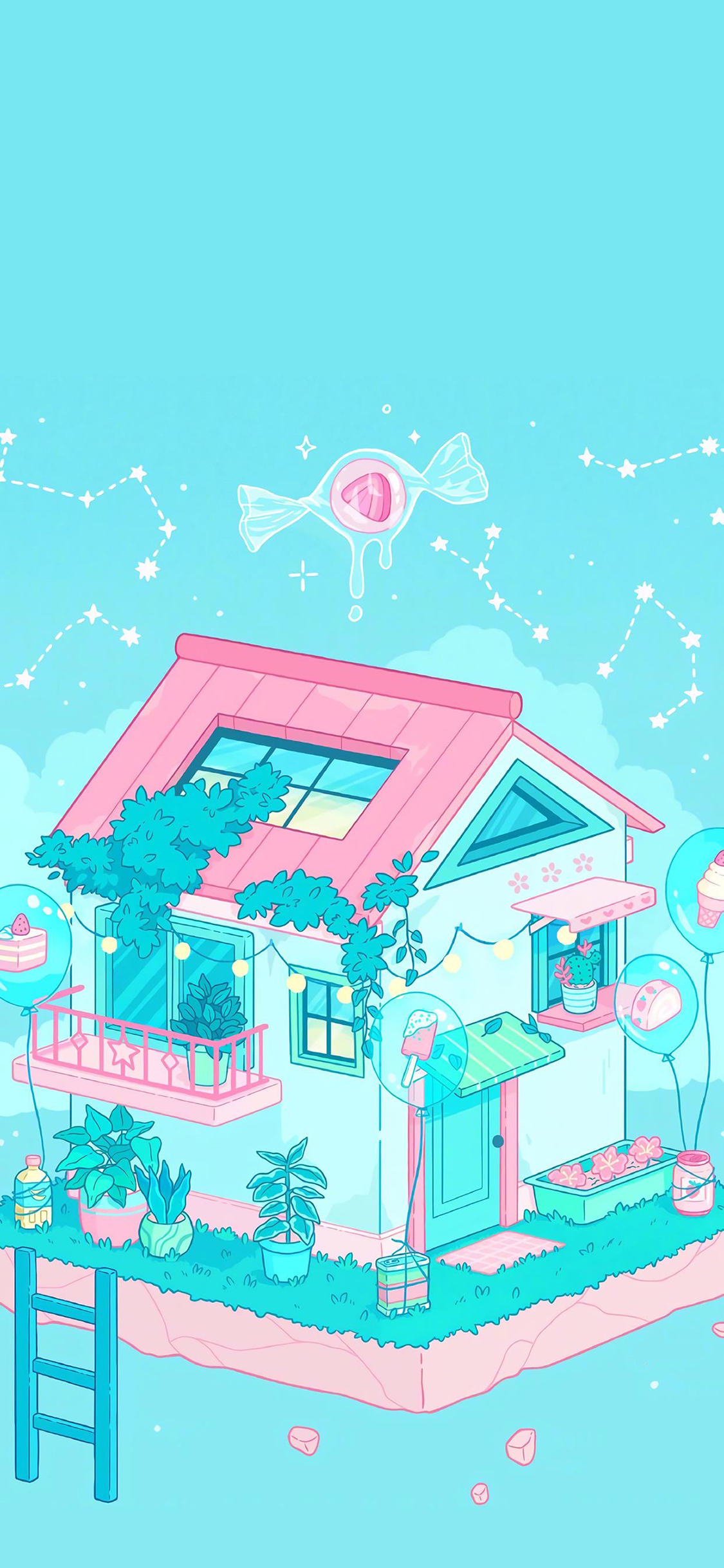 [2436×1125]屋子 糖果 蓝色 盆栽 蛋糕 苹果手机动漫壁纸图片