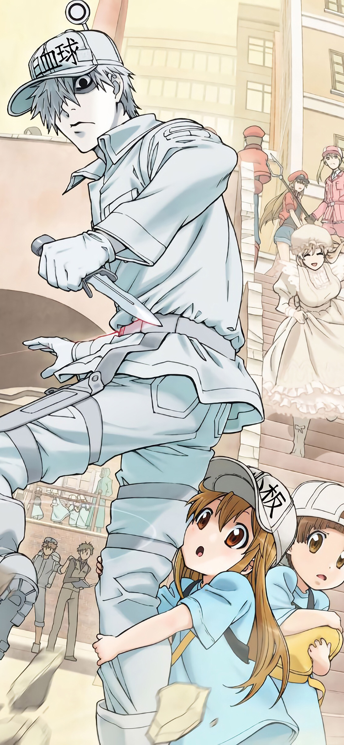 [2436×1125]工作细胞 漫画 血小板 白细胞 抱大腿 苹果手机动漫壁纸图片