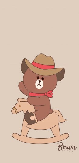 [2436x1125]布朗熊 line friends 可爱 卡通 牛仔 木马 苹果手机动漫壁纸图片