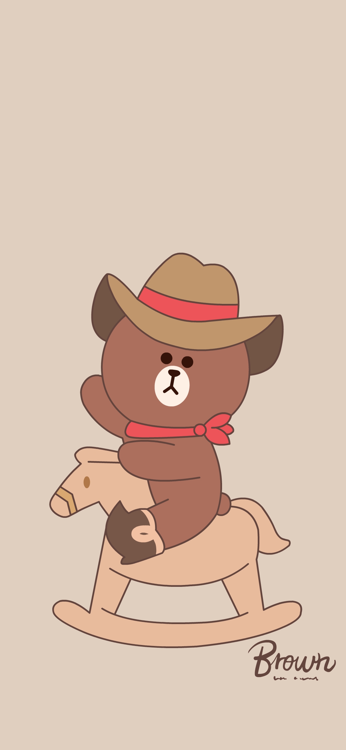 [2436×1125]布朗熊 line friends 可爱 卡通 牛仔 木马 苹果手机动漫壁纸图片