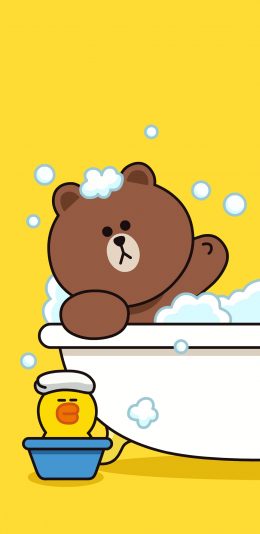 [2436x1125]布朗熊 line 萨莉鸡 浴缸 泡澡 可爱 卡通 苹果手机动漫壁纸图片