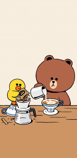 [2436x1125]布朗熊 linefriends 萨莉鸡 咖啡 卡通 苹果手机动漫壁纸图片