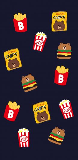 [2436x1125]布朗熊 卡通 line friends 可爱 平铺 汉堡 薯片 苹果手机动漫壁纸图片