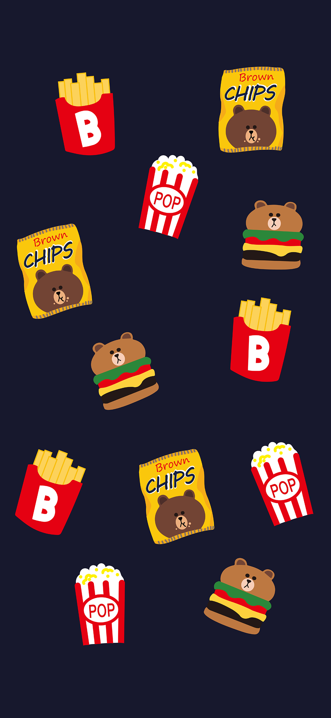 [2436×1125]布朗熊 卡通 line friends 可爱 平铺 汉堡 薯片 苹果手机动漫壁纸图片