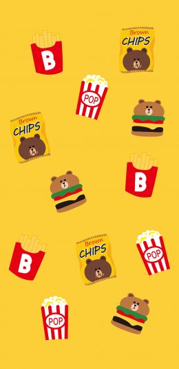 [2436x1125]布朗熊 卡通 line friends 可爱 平铺 汉堡 薯片 黄色 苹果手机动漫壁纸图片