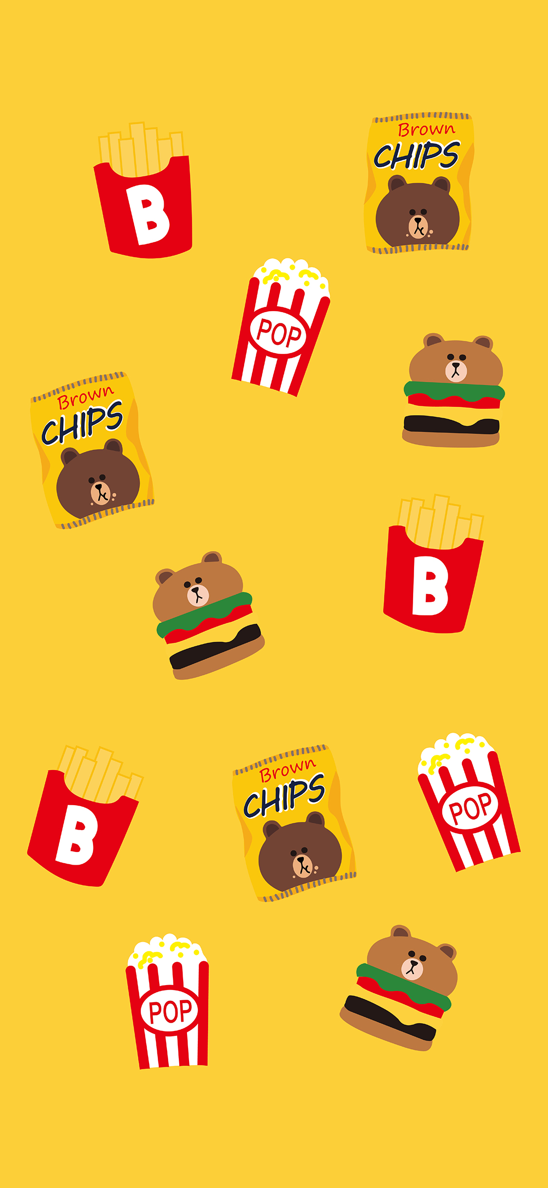 [2436×1125]布朗熊 卡通 line friends 可爱 平铺 汉堡 薯片 黄色 苹果手机动漫壁纸图片