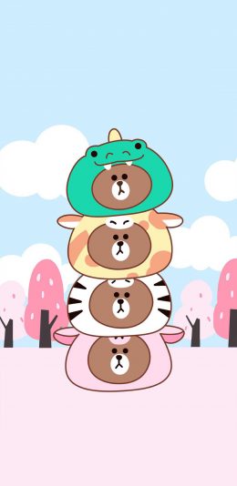 [2436x1125]布朗熊 卡通 头套 可爱 line friends 苹果手机动漫壁纸图片