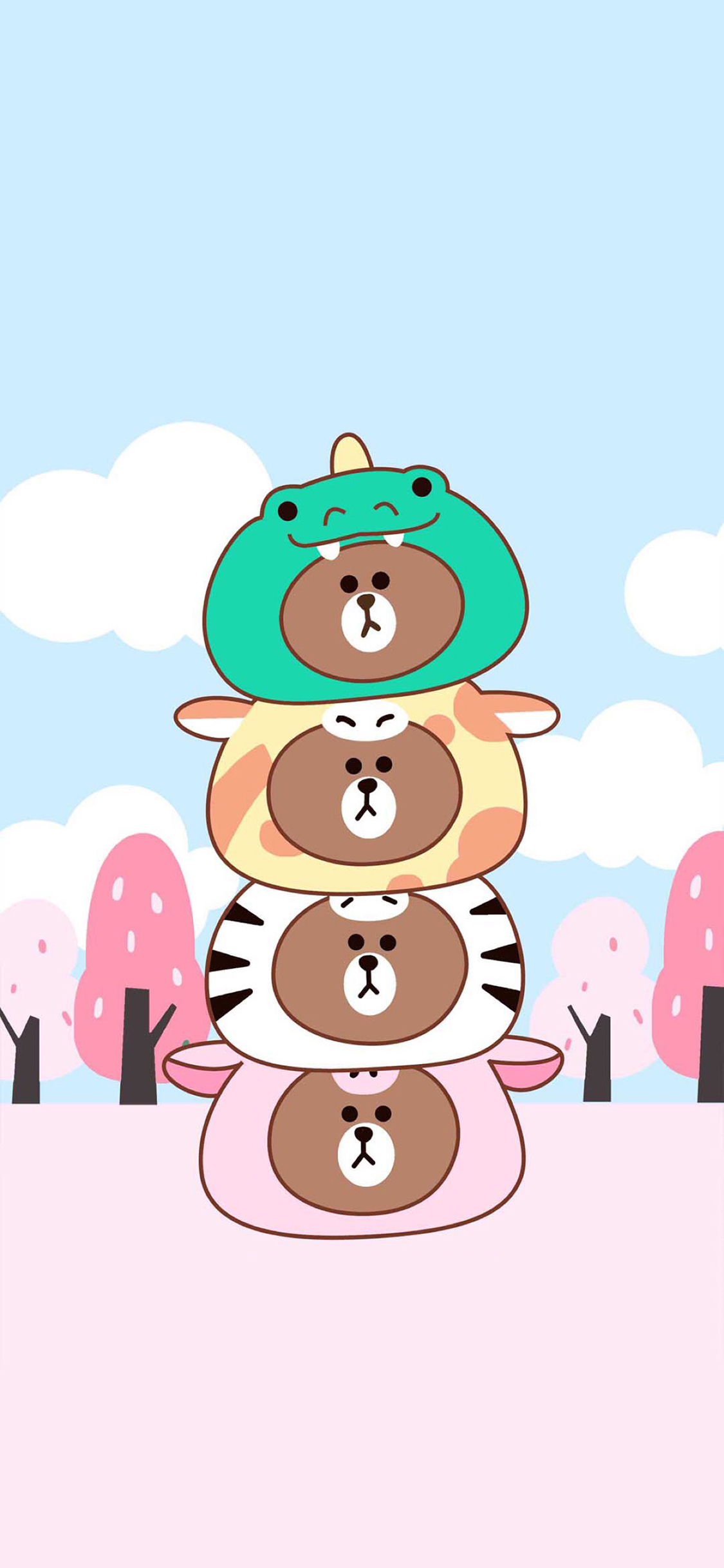 [2436×1125]布朗熊 卡通 头套 可爱 line friends 苹果手机动漫壁纸图片