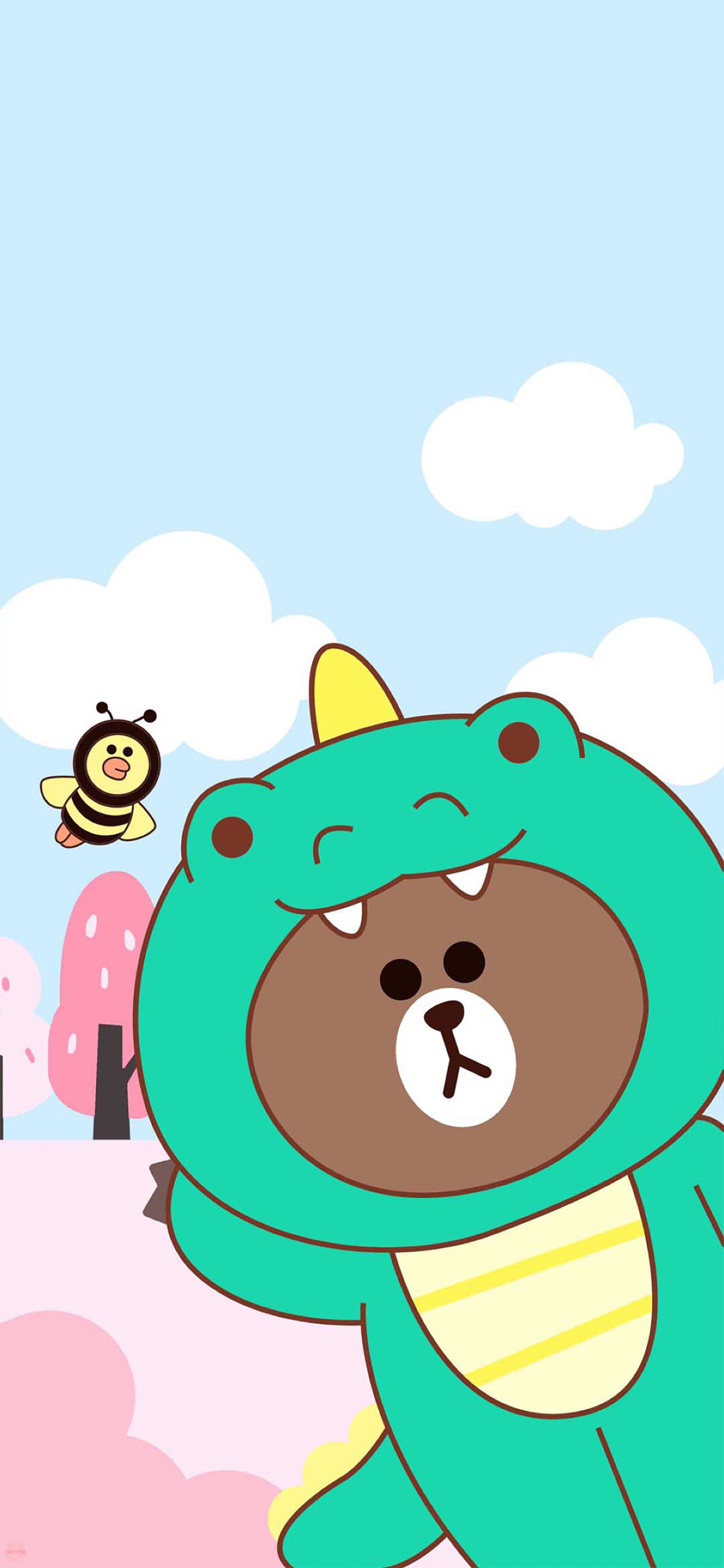 [2436×1125]布朗熊 卡通 头套 可爱 line friends 恐龙 苹果手机动漫壁纸图片
