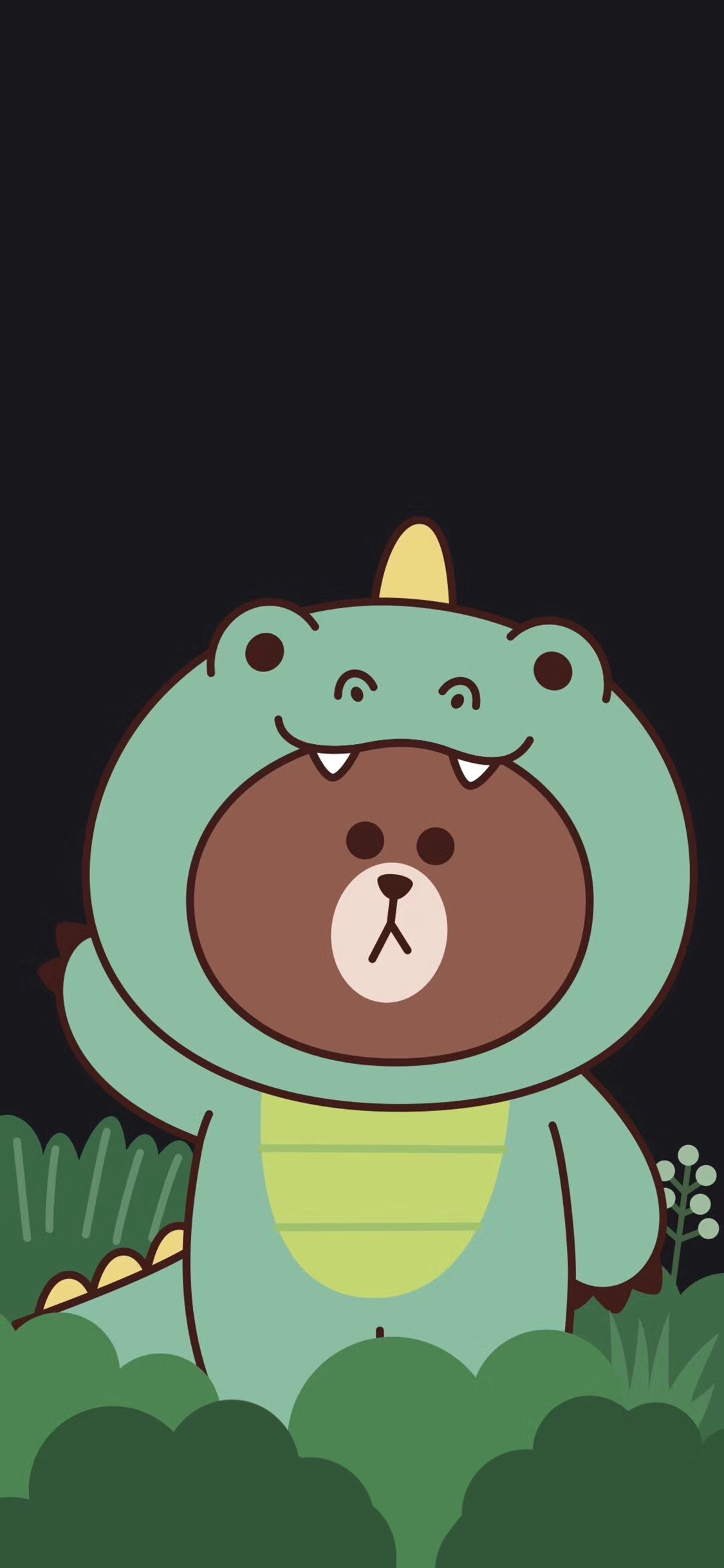 [2436×1125]布朗熊 可爱 卡通 line friends 鳄鱼服 苹果手机动漫壁纸图片