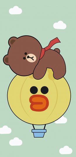 [2436x1125]布朗熊 萨莉鸡 热气球 linefriends 卡通 苹果手机动漫壁纸图片