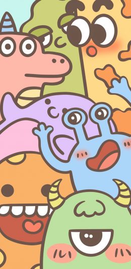 [2436x1125]平铺 卡通 小怪兽 色彩 井胖墩 苹果手机动漫壁纸图片