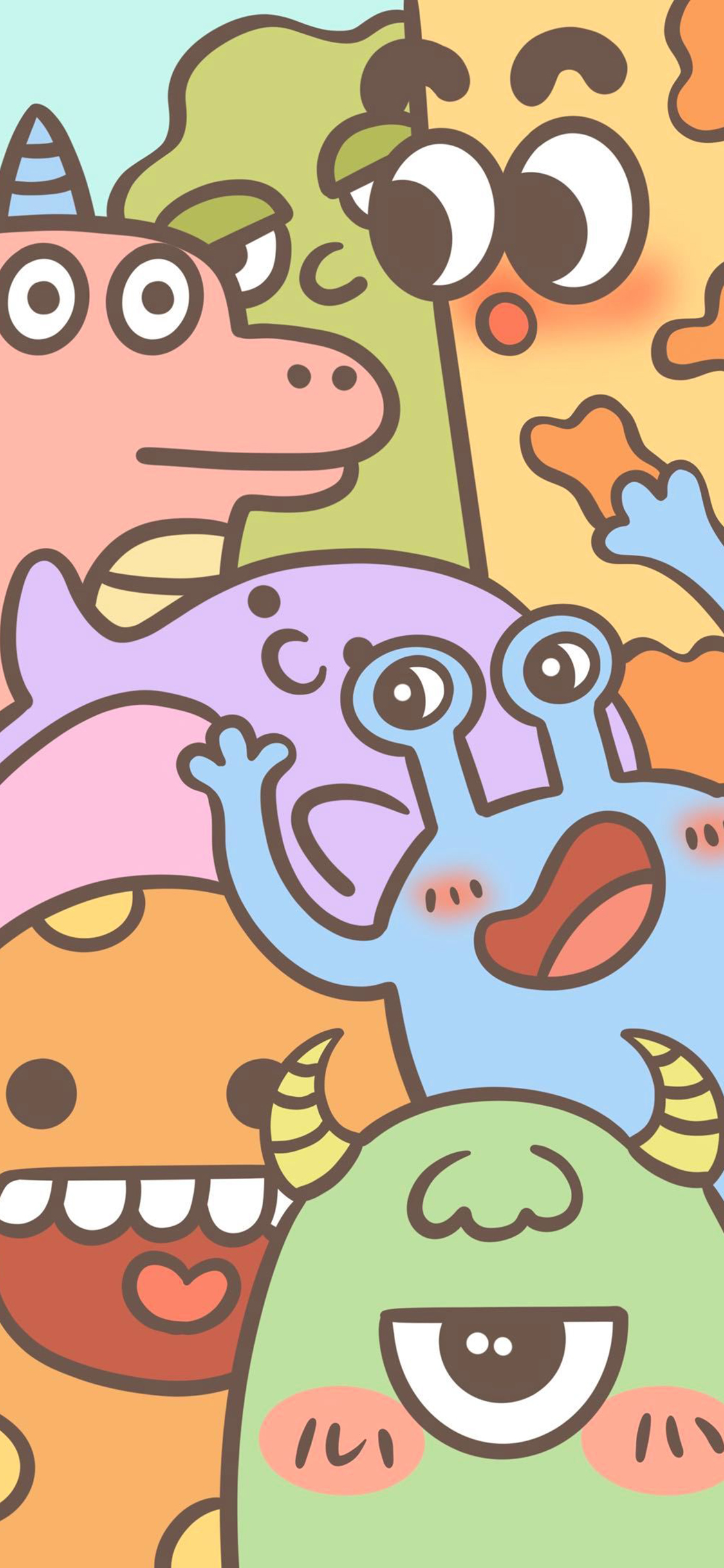 [2436×1125]平铺 卡通 小怪兽 色彩 井胖墩 苹果手机动漫壁纸图片