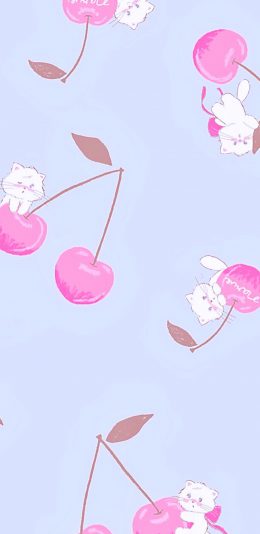 [2436x1125]平铺 卡通 猫咪 樱桃 苹果手机动漫壁纸图片
