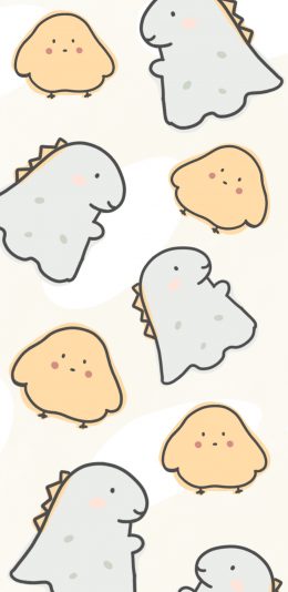 [2436x1125]平铺 小恐龙 小鸡 趣味 苹果手机动漫壁纸图片