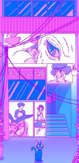 [2436x1125]幽灵公主 紫色 街道 广告牌 宫崎骏 动画 苹果手机动漫壁纸图片