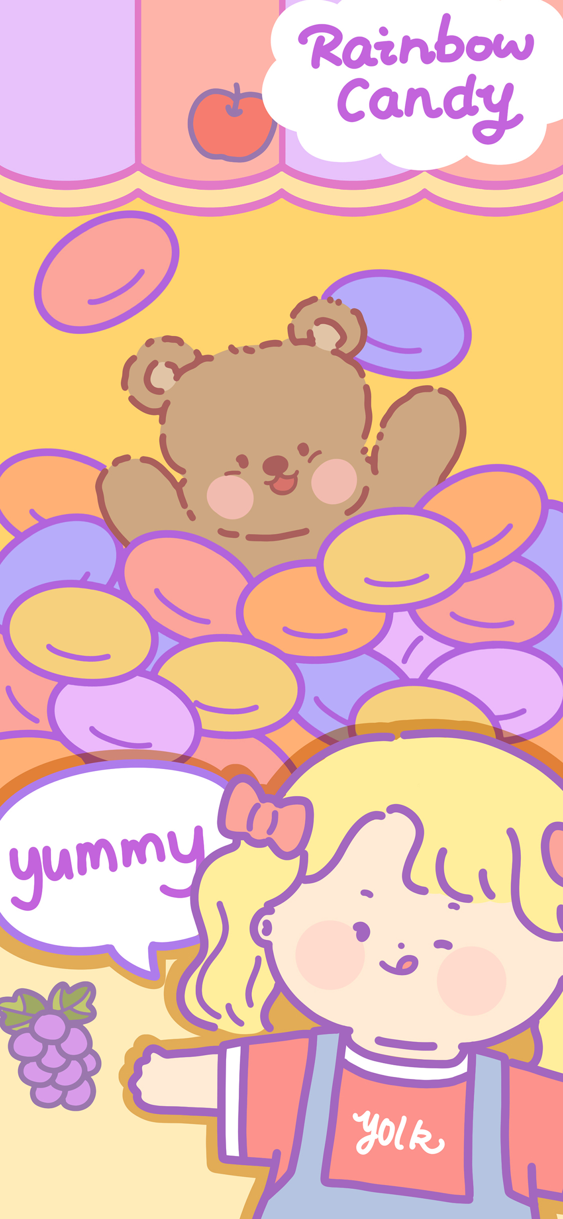 [2436×1125]彩虹糖 小女孩 yummy 小熊 苹果手机动漫壁纸图片