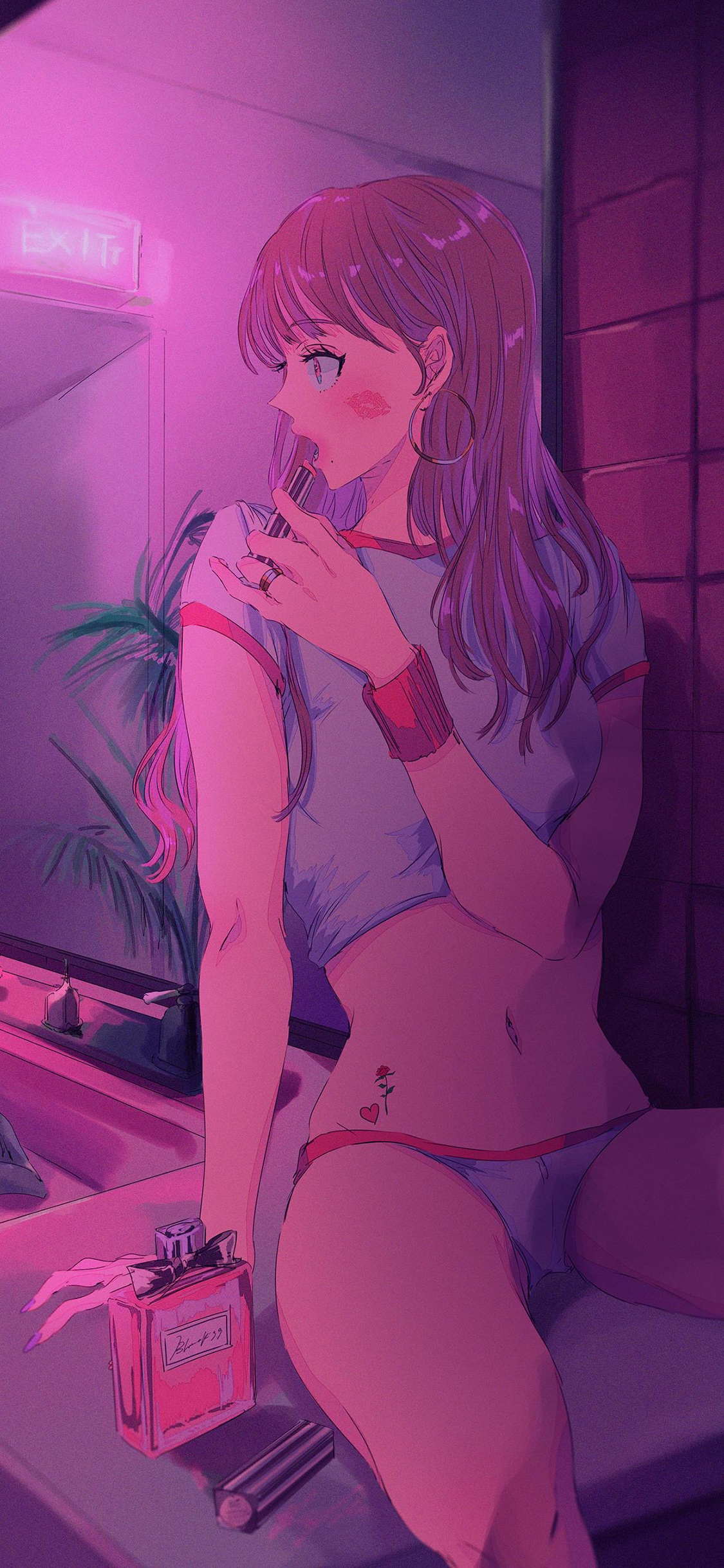 [2436×1125]性感 女孩 漫画 口红 香水 镜子 苹果手机动漫壁纸图片