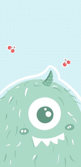 [2436x1125]怪兽 蓝色 牙齿 萌 樱桃 苹果手机动漫壁纸图片