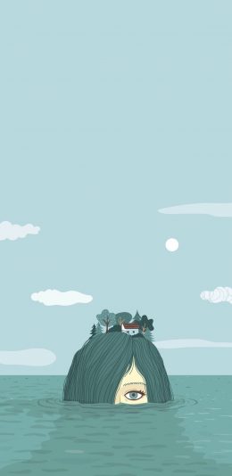 [2436x1125]怪诞 插图 女孩 潜水 房屋 苹果手机动漫壁纸图片