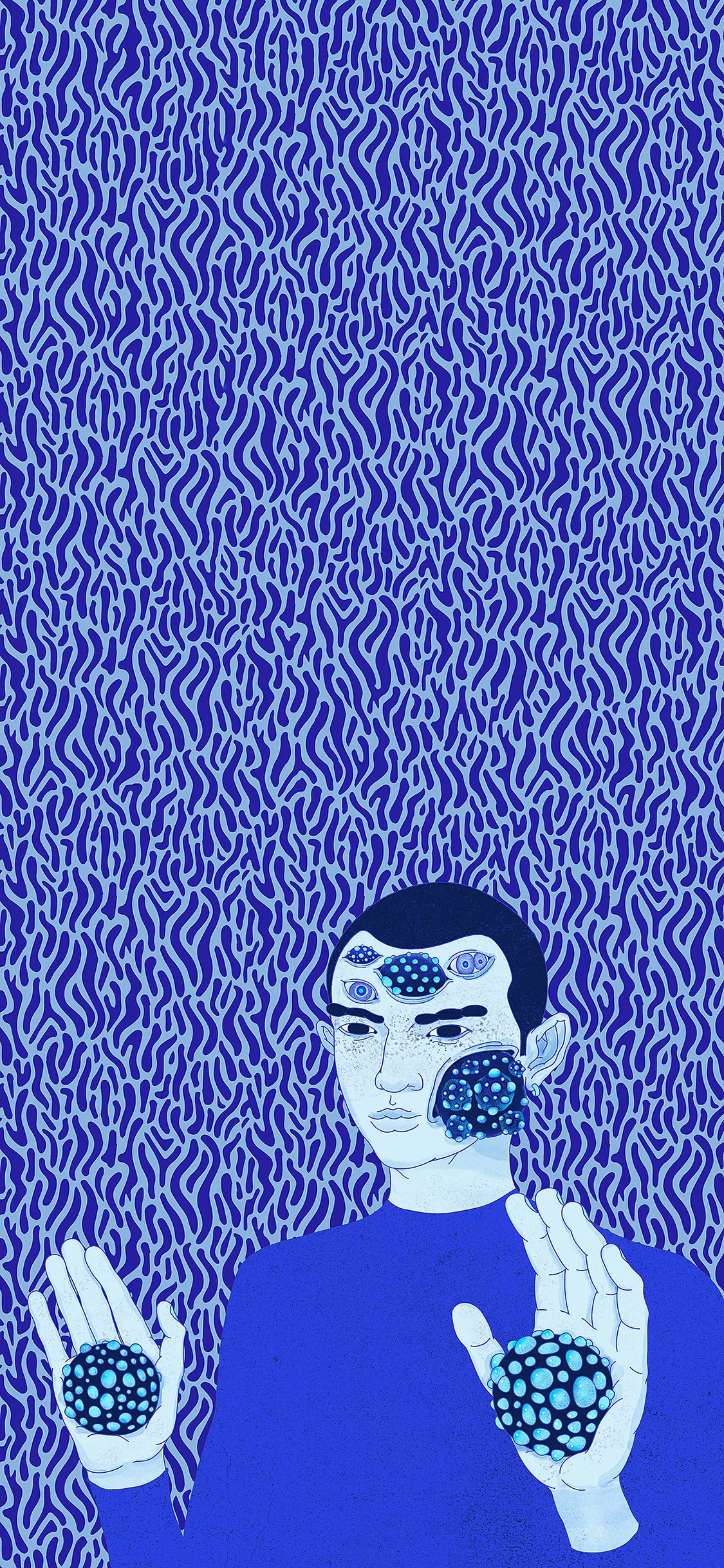 [2436×1125]怪诞 插图 蓝色系 天眼 密集 苹果手机动漫壁纸图片