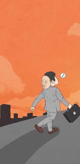 [2436x1125]怪诞 插图 面具 西装男 苹果手机动漫壁纸图片