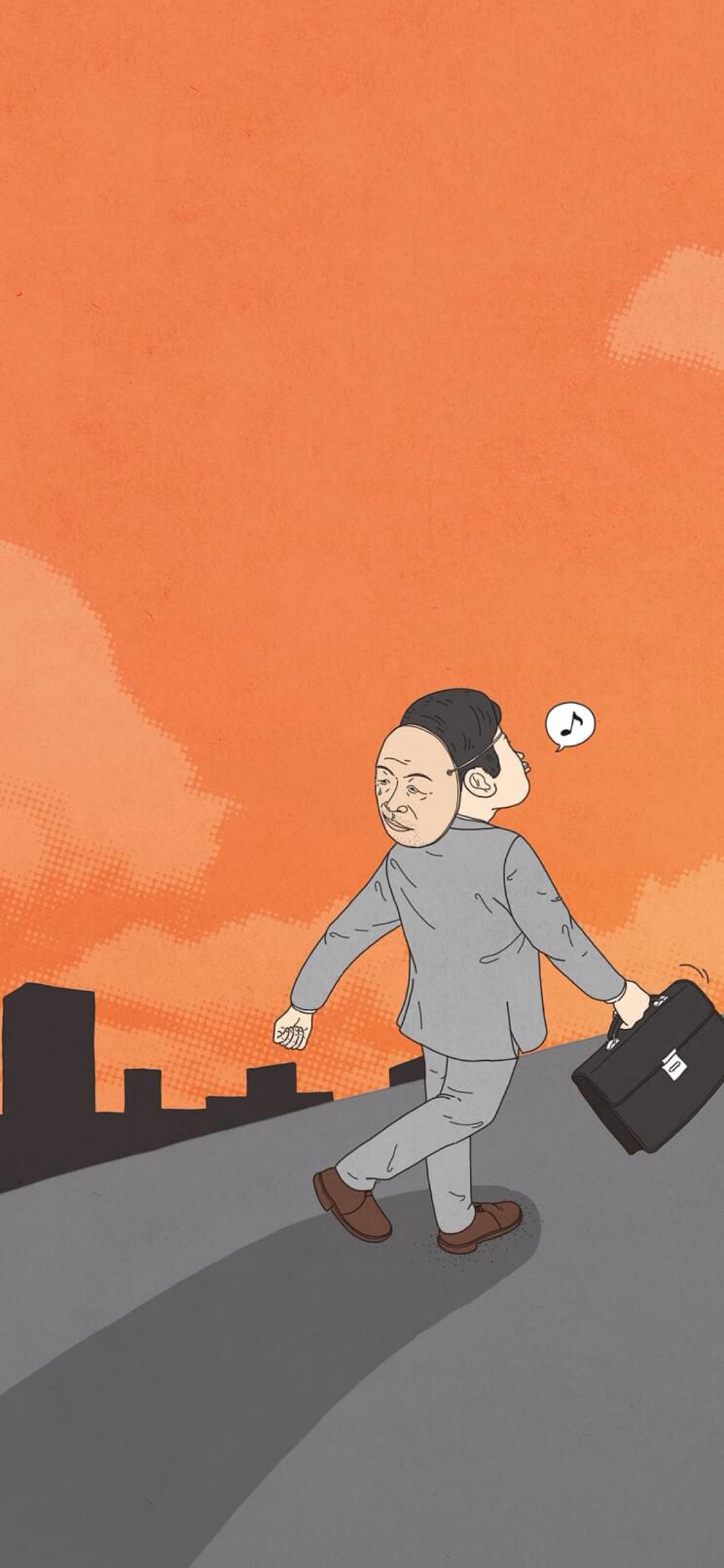 [2436×1125]怪诞 插图 面具 西装男 苹果手机动漫壁纸图片