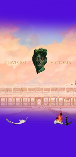 [2436x1125]怪诞插画 雕像 羽毛 国际象棋 苹果手机动漫壁纸图片