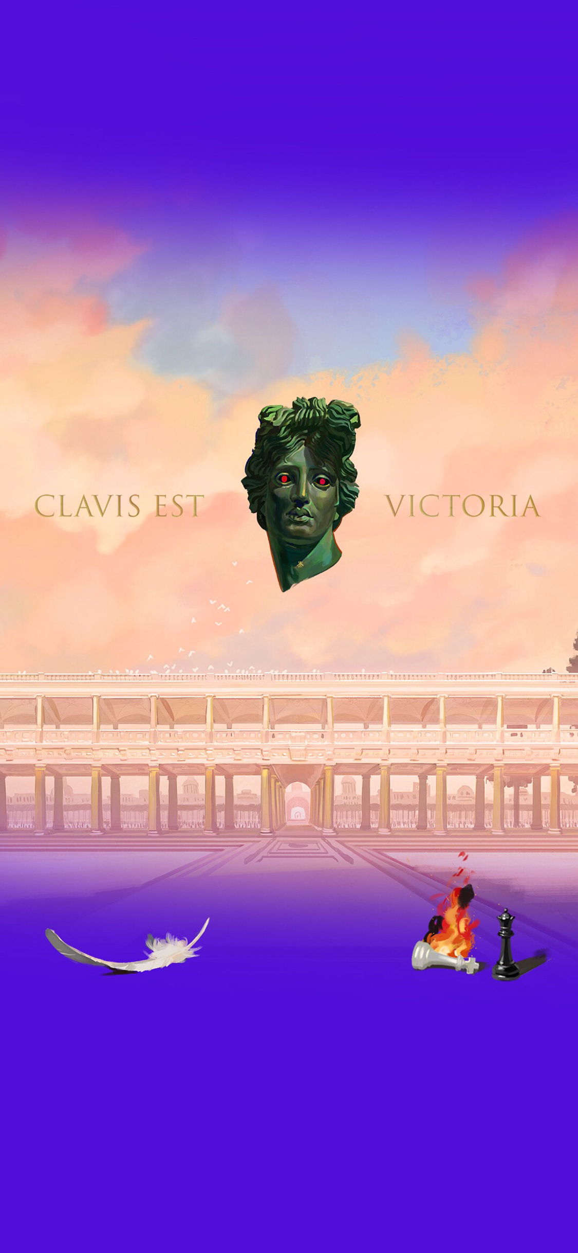 [2436×1125]怪诞插画 雕像 羽毛 国际象棋 苹果手机动漫壁纸图片