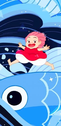 [2436x1125]悬崖上的金鱼姬 波妞 宫崎骏 鱼 海水 苹果手机动漫壁纸图片