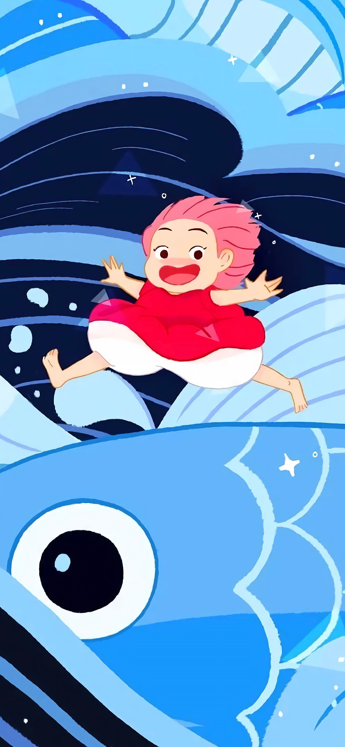 [2436×1125]悬崖上的金鱼姬 波妞 宫崎骏 鱼 海水 苹果手机动漫壁纸图片