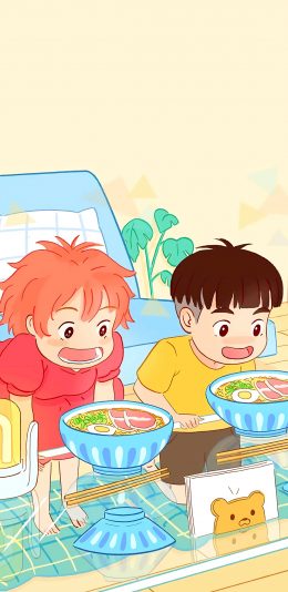 [2436x1125]悬崖边的金鱼公主 波妞 宗介 宫崎骏 拉面 苹果手机动漫壁纸图片