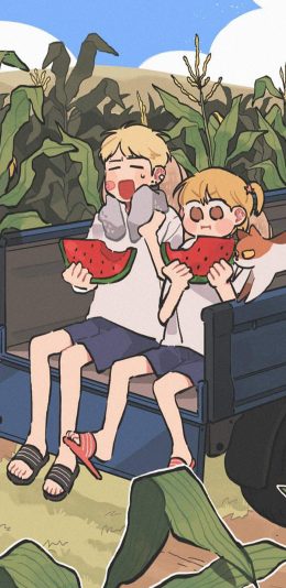 [2436x1125]情侣 插图 吃西瓜 夏日 苹果手机动漫壁纸图片