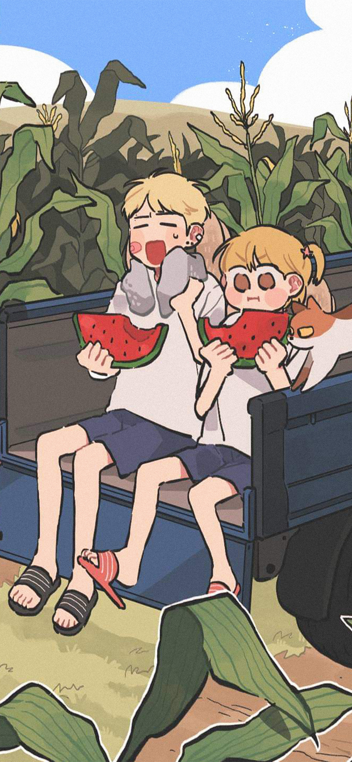 [2436×1125]情侣 插图 吃西瓜 夏日 苹果手机动漫壁纸图片