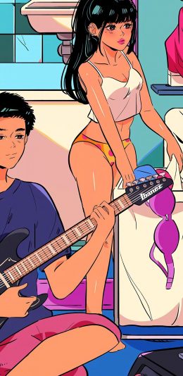 [2436x1125]情侣 插图 弹吉他 作者stephaniepriscilla 苹果手机动漫壁纸图片