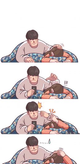 [2436x1125]情侣 插图 拼接 摸摸头 苹果手机动漫壁纸图片