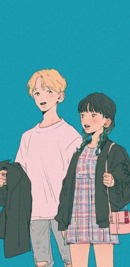 [2436x1125]情侣 插图 爱情 青春 苹果手机动漫壁纸图片