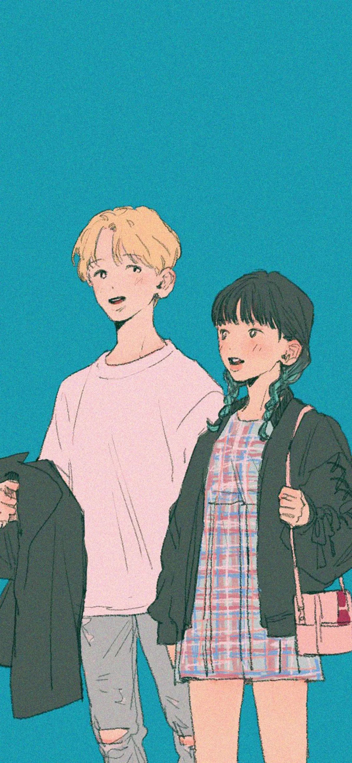 [2436×1125]情侣 插图 爱情 青春 苹果手机动漫壁纸图片