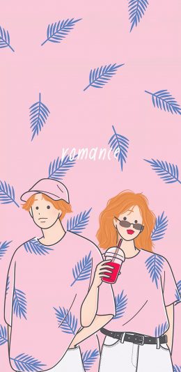 [2436x1125]情侣 插图 粉色 ins风 苹果手机动漫壁纸图片