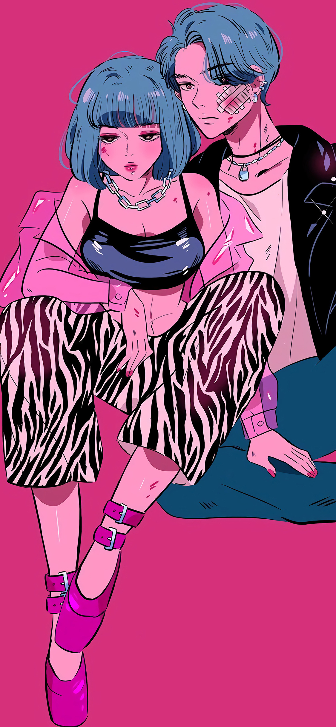 [2436×1125]情侣 插图 粉色系 少女心 作者stephaniepriscilla 苹果手机动漫壁纸图片