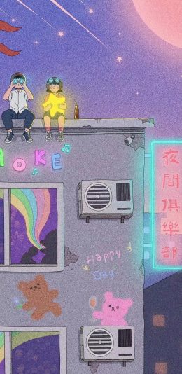 [2436x1125]情侣 插图 色彩 梦幻 苹果手机动漫壁纸图片