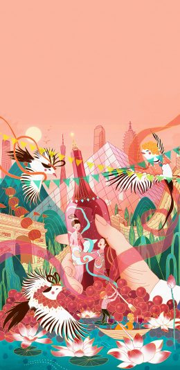 [2436x1125]情侣 插画 瓶子 古风 色彩 苹果手机动漫壁纸图片