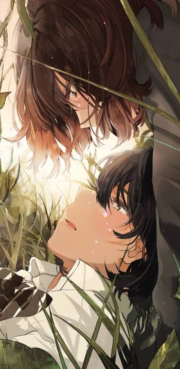 [2436x1125]情侣 爱情 浪漫 漫画 草丛 苹果手机动漫壁纸图片