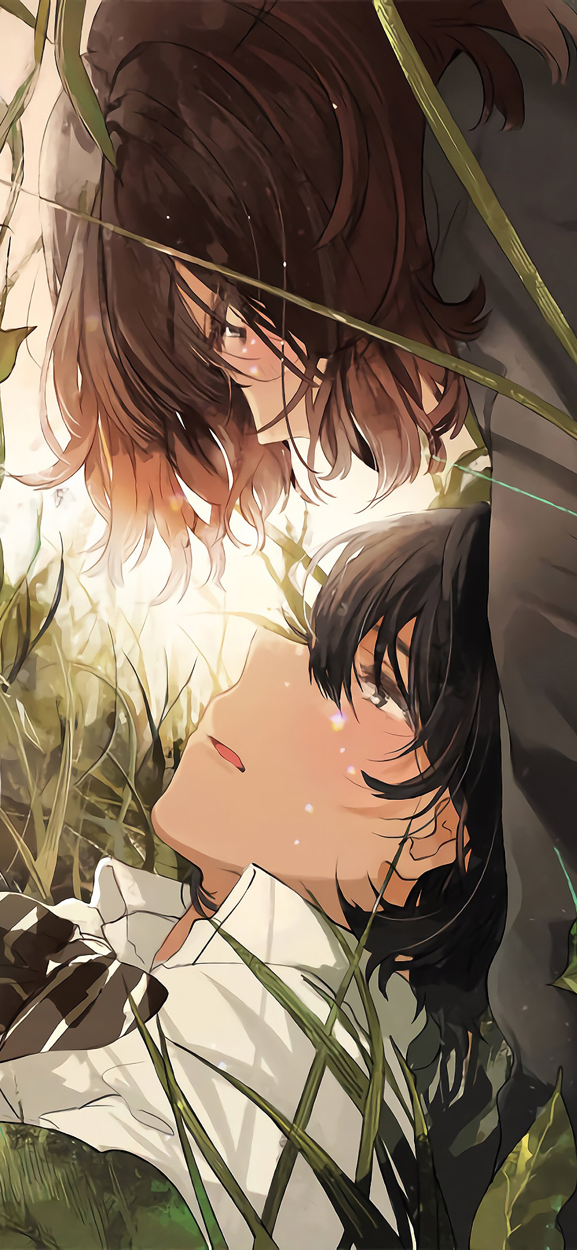 [2436×1125]情侣 爱情 浪漫 漫画 草丛 苹果手机动漫壁纸图片